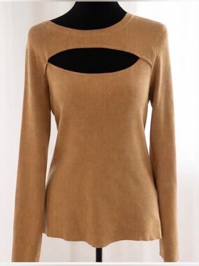 INC International Concepts Ribbed Cutout Sweater Top Size L Camel Long Sleeve